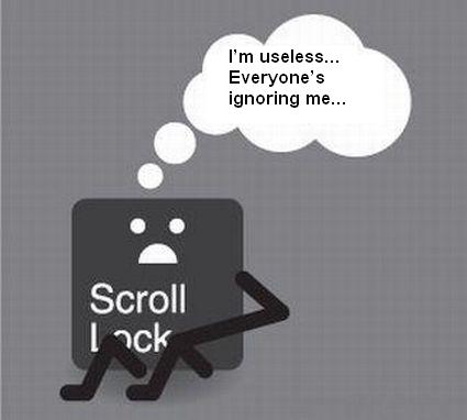 A Scroll Lock key thinking to itself, "I'm useless... Everyone's ignoring me..."