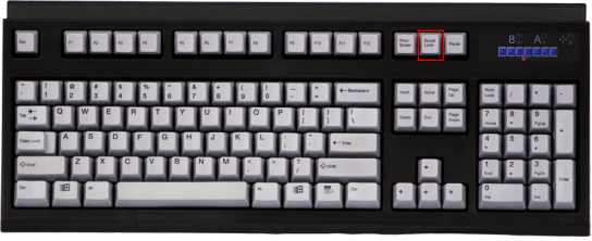 A Unicomp Ultra Classic Black Buckling Spring USB keyboard with the Scroll Lock key highlighted