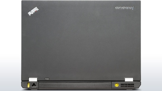The back of an open Lenovo ThinkPad T430 showing upside down logos
